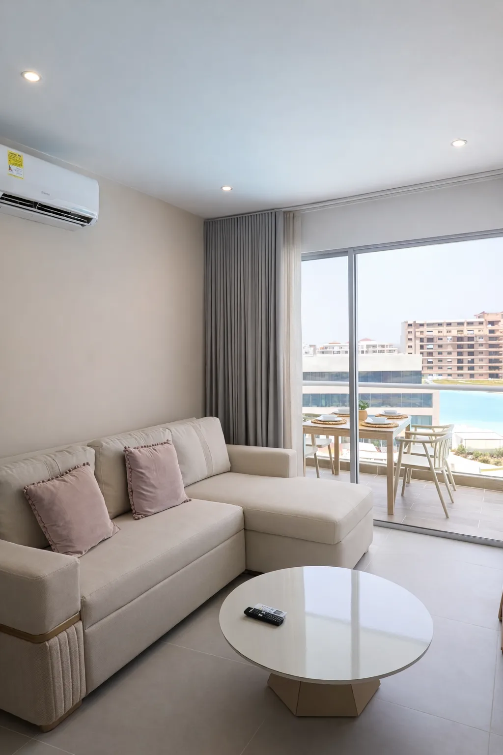 Sala de estar con vista a la laguna de día